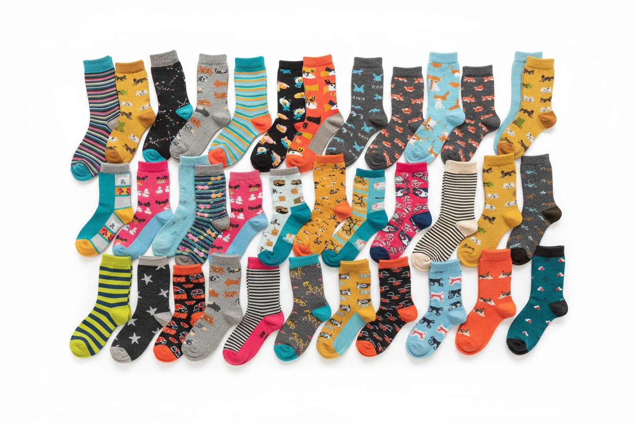 Many colorful men's, women's, and kids socks