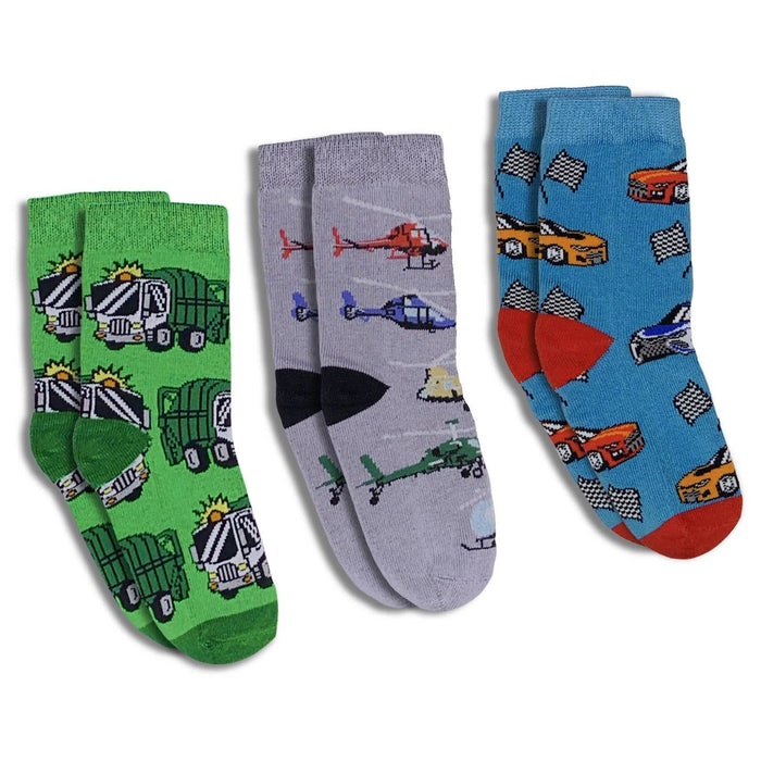 Good Luck Socks Kids Trash Trucks, Helicopter, and Race Cars Socks 