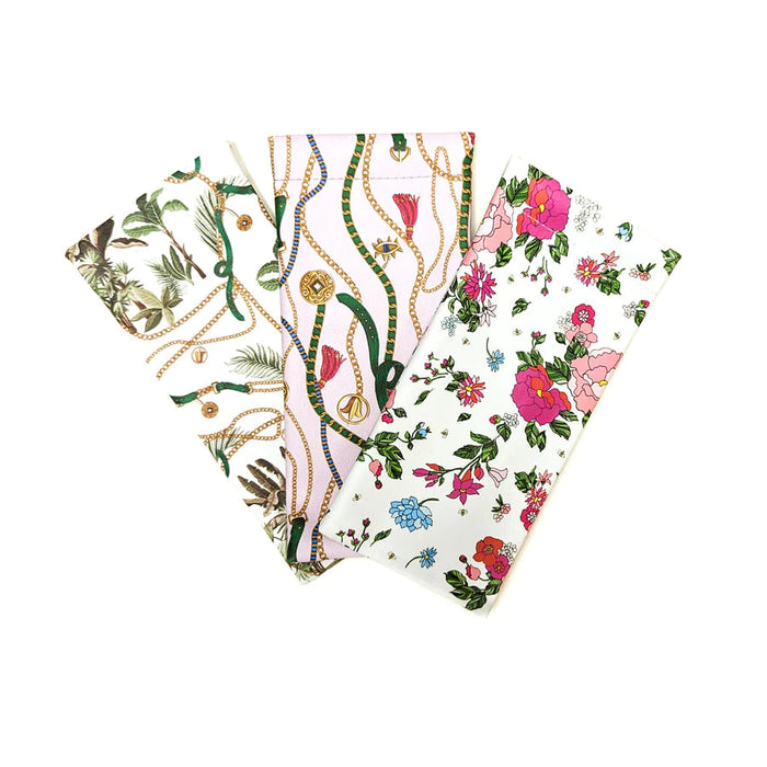 Large Squeeze Top Colorful Floral Belt & Palm Tree Snap Case With Attached Microfiber Cloth Eyewear Cases 