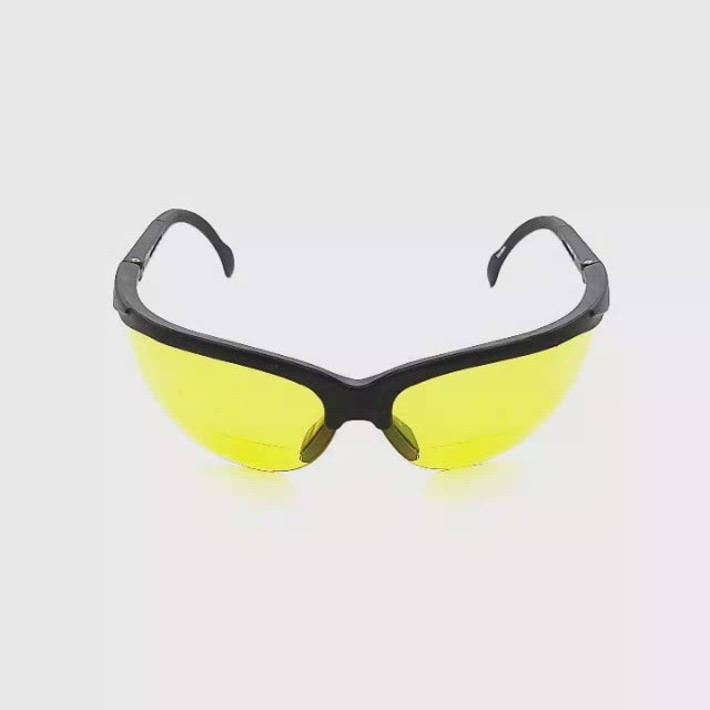 No Sweat Sporty Black Half Frame Bifocal Yellow Lens Safety Glasses For Shooting, Hunting, Golf, Night Driver with Adjustable Temples Black Frame