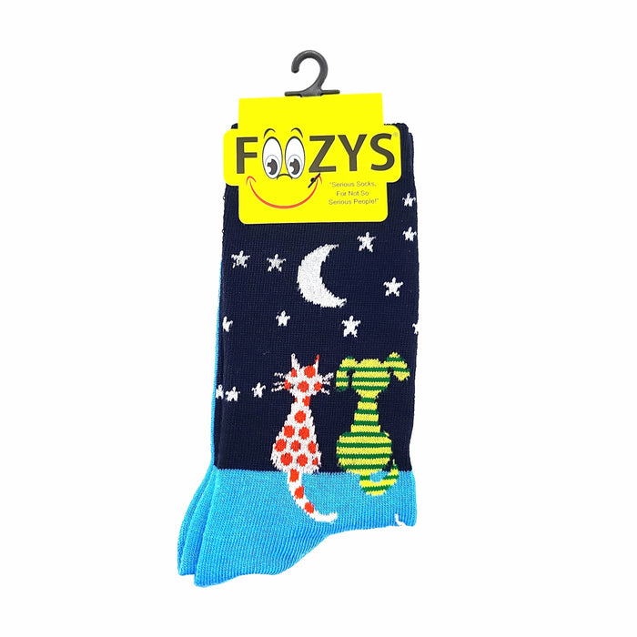 Cat & Dog Moonlight Socks Foozys Unisex Crew Socks Blue 