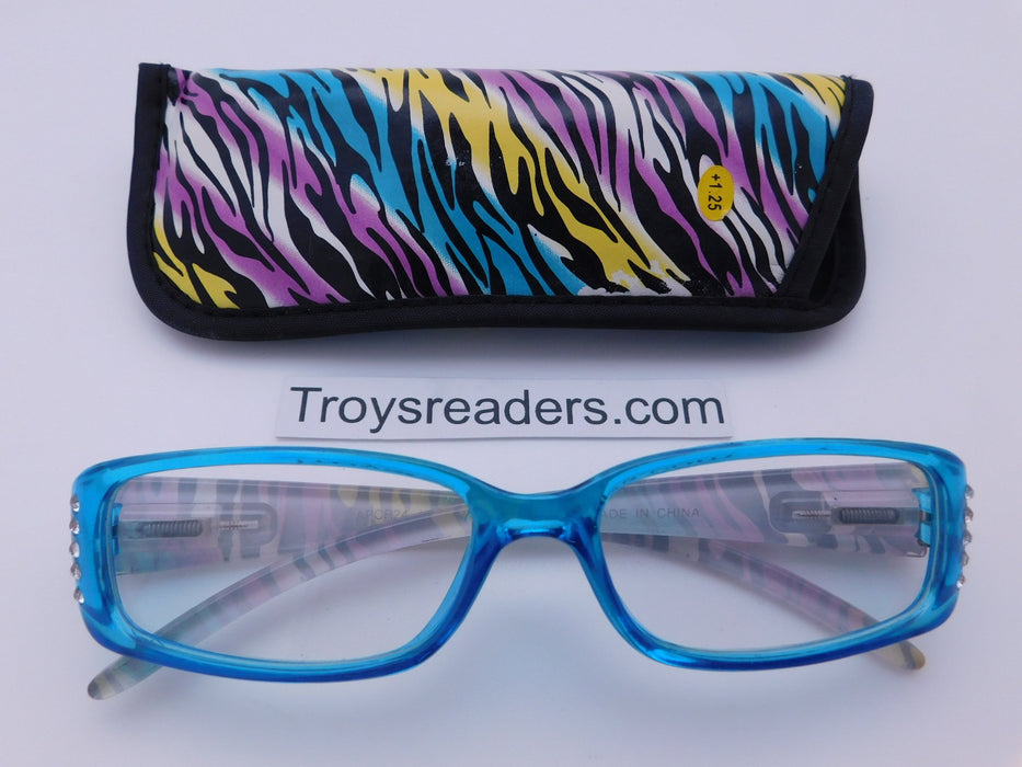 Colorful Animal Print Readers With Case in Four Colors Reader with Display Blue +1.25 