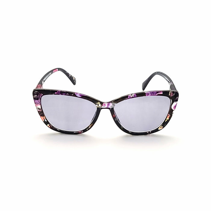 Dolly Colorful Cateye Reading Sunglasses with Fully Magnified lenses in Solid and Floral Prints Fully Magnified Reading Sunglasses Purple Abstract +1.50 