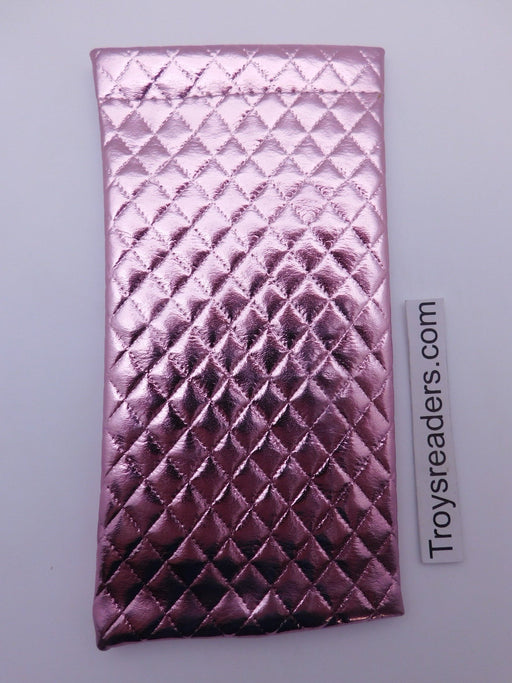 Large Squeeze Top Diamond Faux Leather Sunglasses Case With Attached Microfiber Cloth In Pink Cases 
