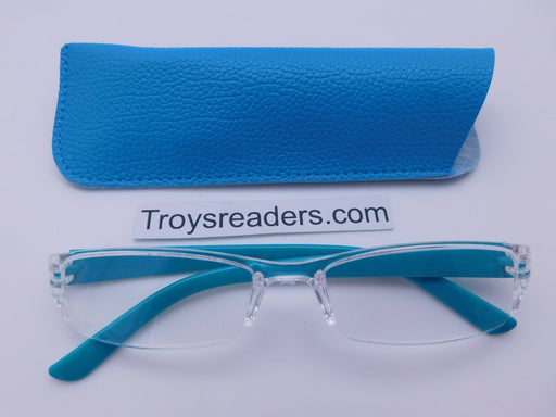Pastel Rimless Readers With Case in Five Colors Reader with Display Blue +1.50 