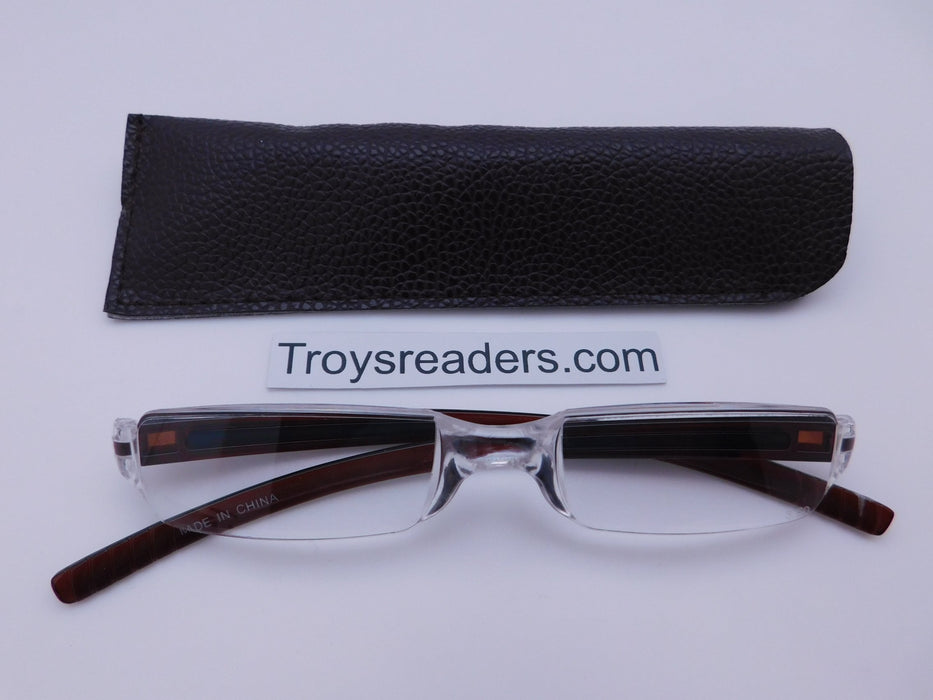 Plastic Rimless Two Tone Readers With Case in Four Colors Reader with Display Brown Brown Case +1.25 