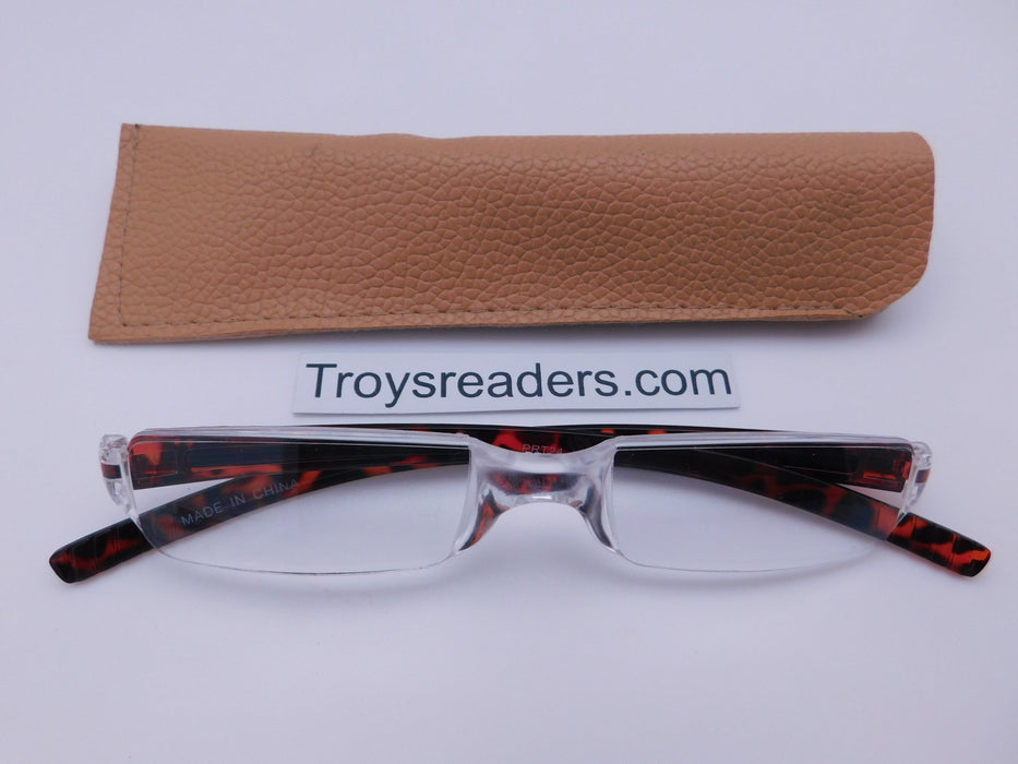 Plastic Rimless Two Tone Readers With Case in Four Colors Reader with Display Tortoise Tan Case +1.25 