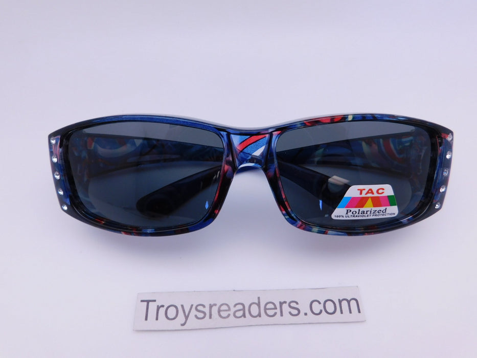 Polarized Square Glitzy Flowery Fit Overs in Five Designs Fit Over Sunglasses Blue Circles 
