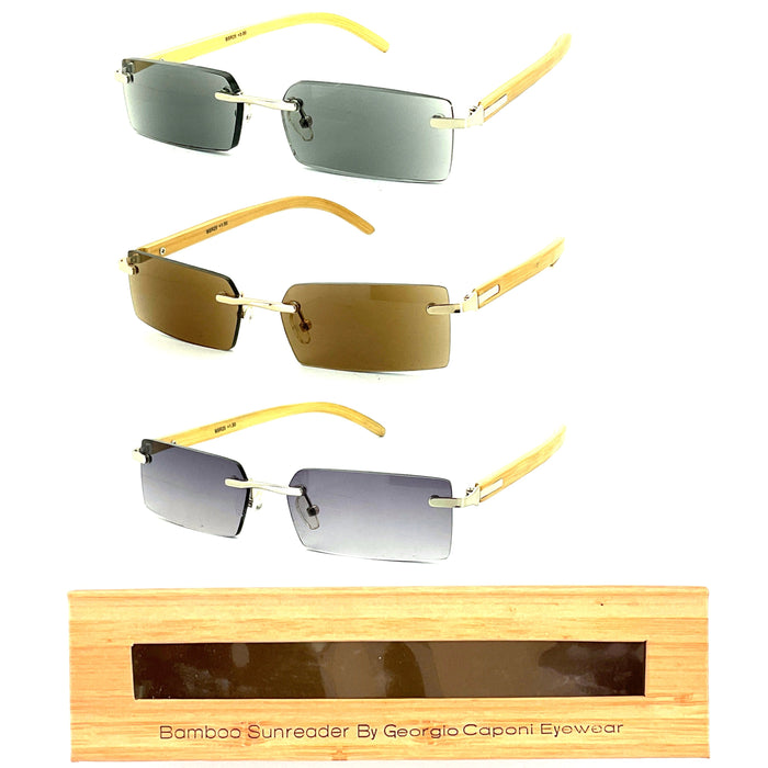 Rimless Fully Magnified Rectangular Frame Bamboo Sunglass Readers With Box Reader with Display 