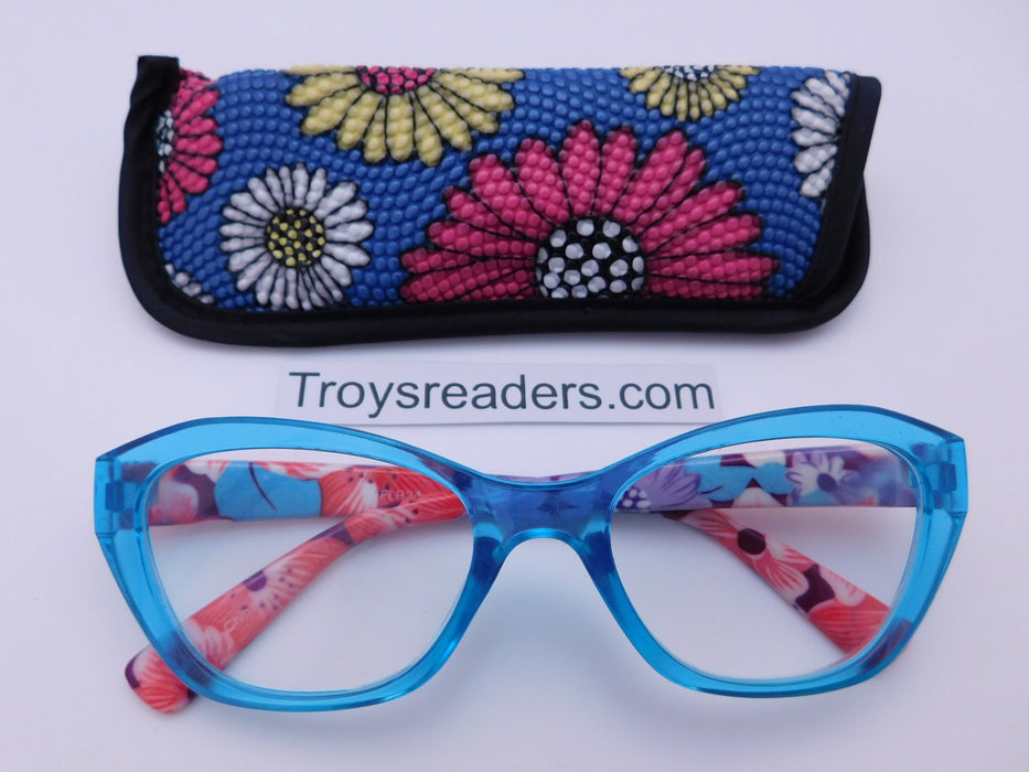 Vinyl Bubble Flower Readers With Case in Four Colors Reader with Display Blue +1.00 