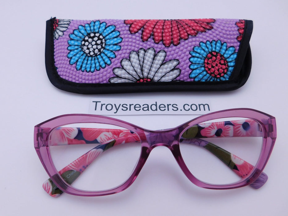 Vinyl Bubble Flower Readers With Case in Four Colors Reader with Display Purple +1.25 