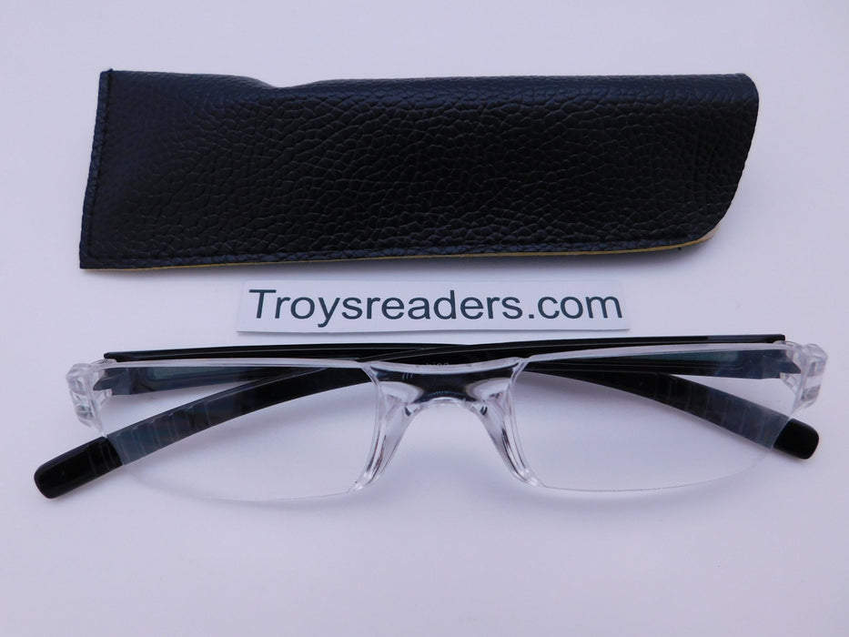 XL Rimless Plastic Two Tone Readers With Case in Four Colors Reader with Display Black/Gray Black Case +2.00 