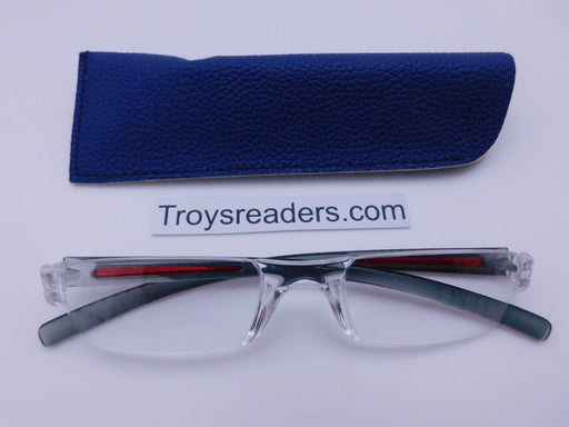 XL Rimless Plastic Two Tone Readers With Case in Four Colors Reader with Display Gray/Red Blue Case +2.00 